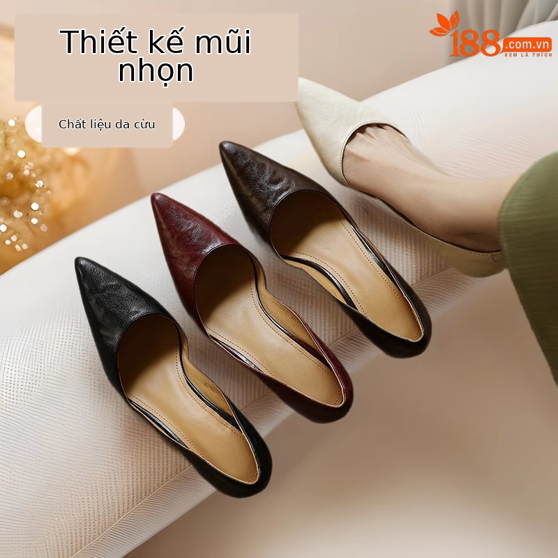 Giày cao gót công sở mũi nhọn da cừu cổ điển gót nhọn — Màu nâu