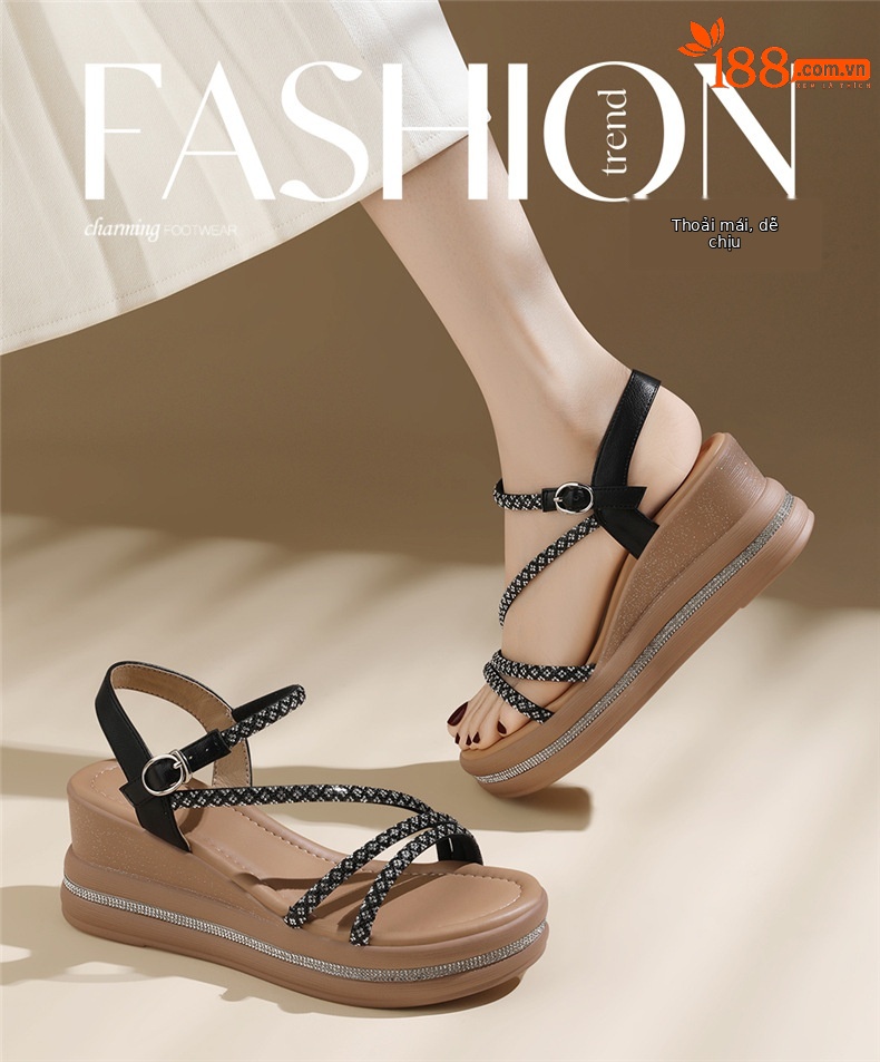Sandal nữ quai ngang đế dày gót trung bình phong cách La Mã đính đá rhinestone — 7129 màu vàng kim, 7129 Màu đen chi tiết 1