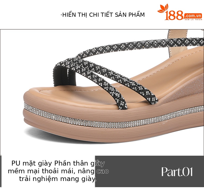 Sandal nữ quai ngang đế dày gót trung bình phong cách La Mã đính đá rhinestone — 7129 màu vàng kim, 7129 Màu đen chi tiết 15