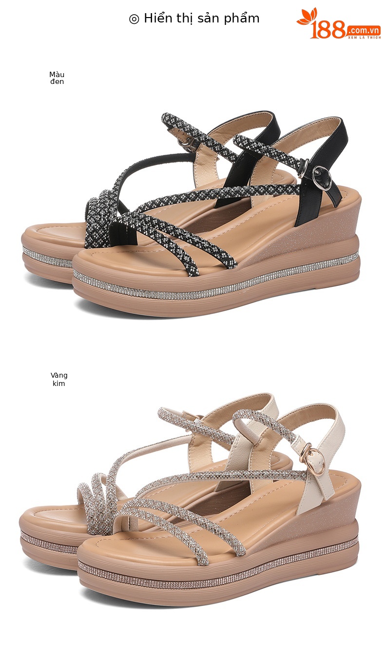 Sandal nữ quai ngang đế dày gót trung bình phong cách La Mã đính đá rhinestone — 7129 màu vàng kim, 7129 Màu đen chi tiết 18