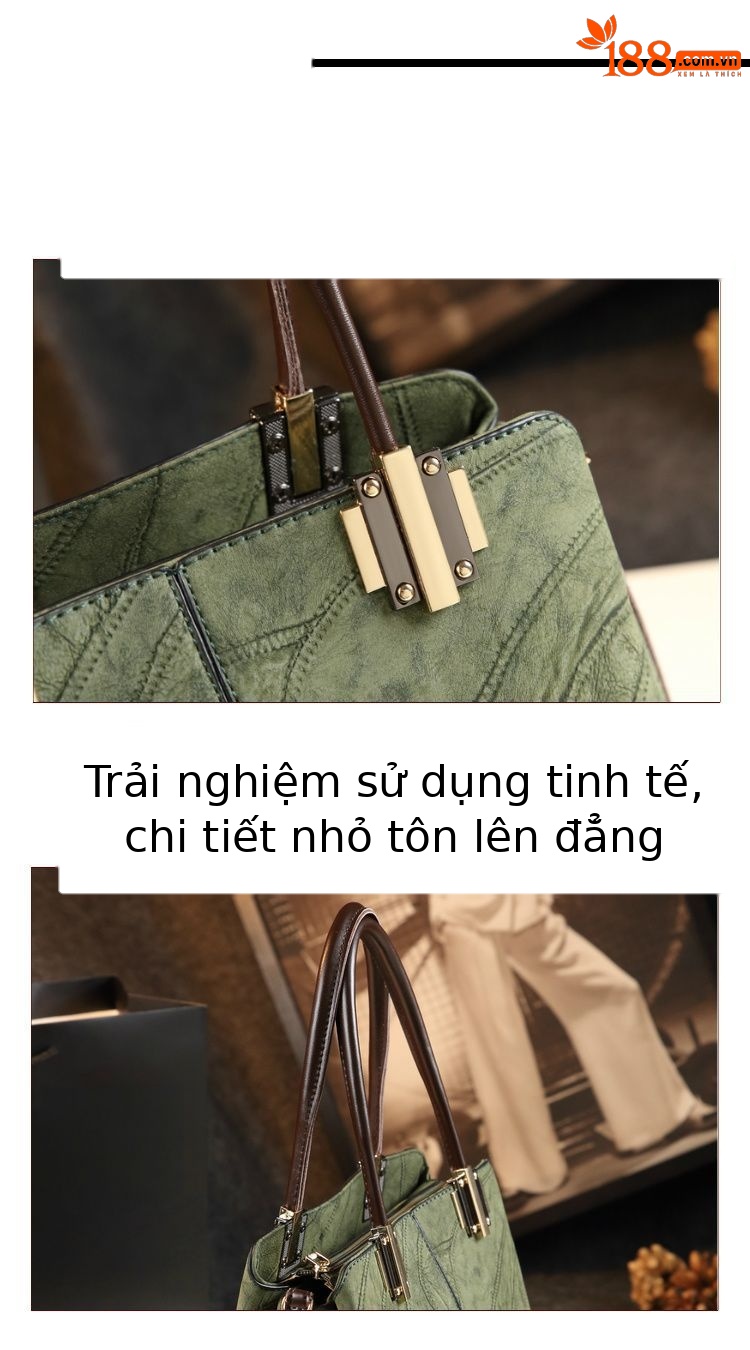 Túi tote da thật nữ đáy rộng đeo vai đeo chéo phong cách cổ điển — Màu xanh lam, Màu xanh lá chi tiết 12