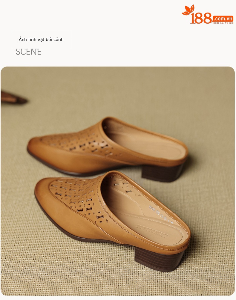 Dép mule nữ da bò lỗ dệt hở gót — đen chi tiết 17