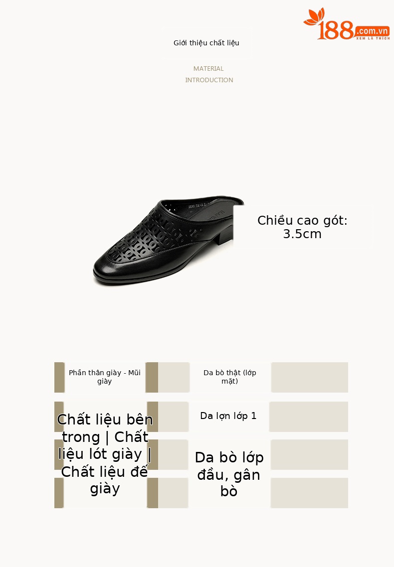 Dép mule nữ da bò lỗ dệt hở gót — đen chi tiết 3