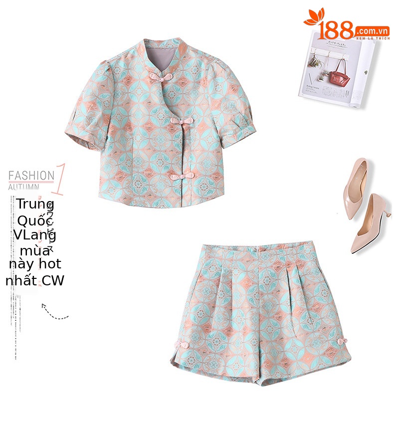 Bộ quần áo nữ mùa hè 2025 áo khoác jacquard quần short hai mảnh phong cách tân cổ điển — Màu xanh lục nhạt, Màu xanh lam, Màu đỏ chi tiết 4