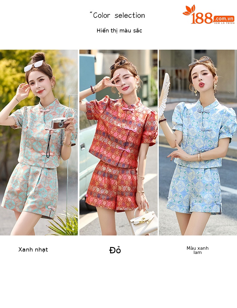 Bộ quần áo nữ mùa hè 2025 áo khoác jacquard quần short hai mảnh phong cách tân cổ điển — Màu xanh lục nhạt, Màu xanh lam, Màu đỏ chi tiết 5