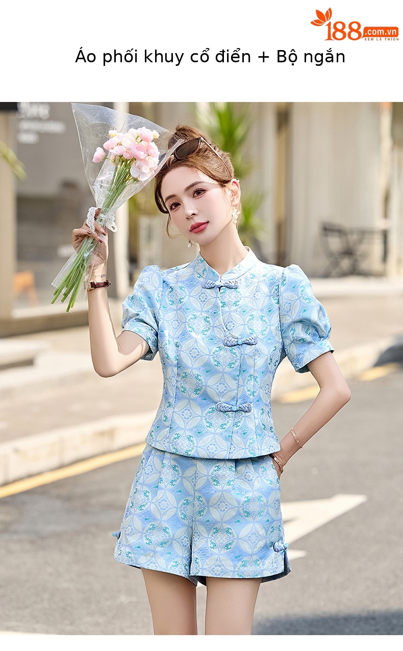 Bộ quần áo nữ mùa hè 2025 áo khoác jacquard quần short hai mảnh phong cách tân cổ điển — Màu xanh lục nhạt, Màu xanh lam, Màu đỏ chi tiết 10