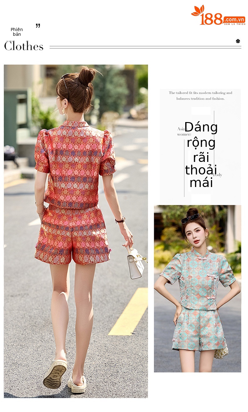 Bộ quần áo nữ mùa hè 2025 áo khoác jacquard quần short hai mảnh phong cách tân cổ điển — Màu xanh lục nhạt, Màu xanh lam, Màu đỏ chi tiết 11