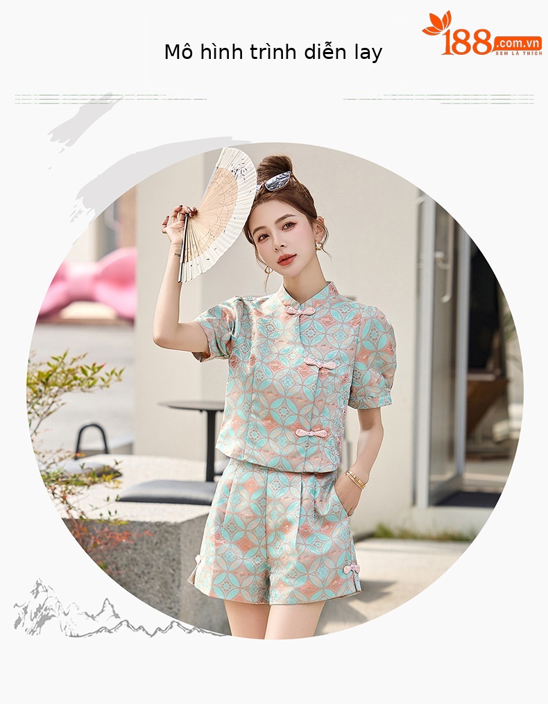 Bộ quần áo nữ mùa hè 2025 áo khoác jacquard quần short hai mảnh phong cách tân cổ điển — Màu xanh lục nhạt, Màu xanh lam, Màu đỏ chi tiết 13