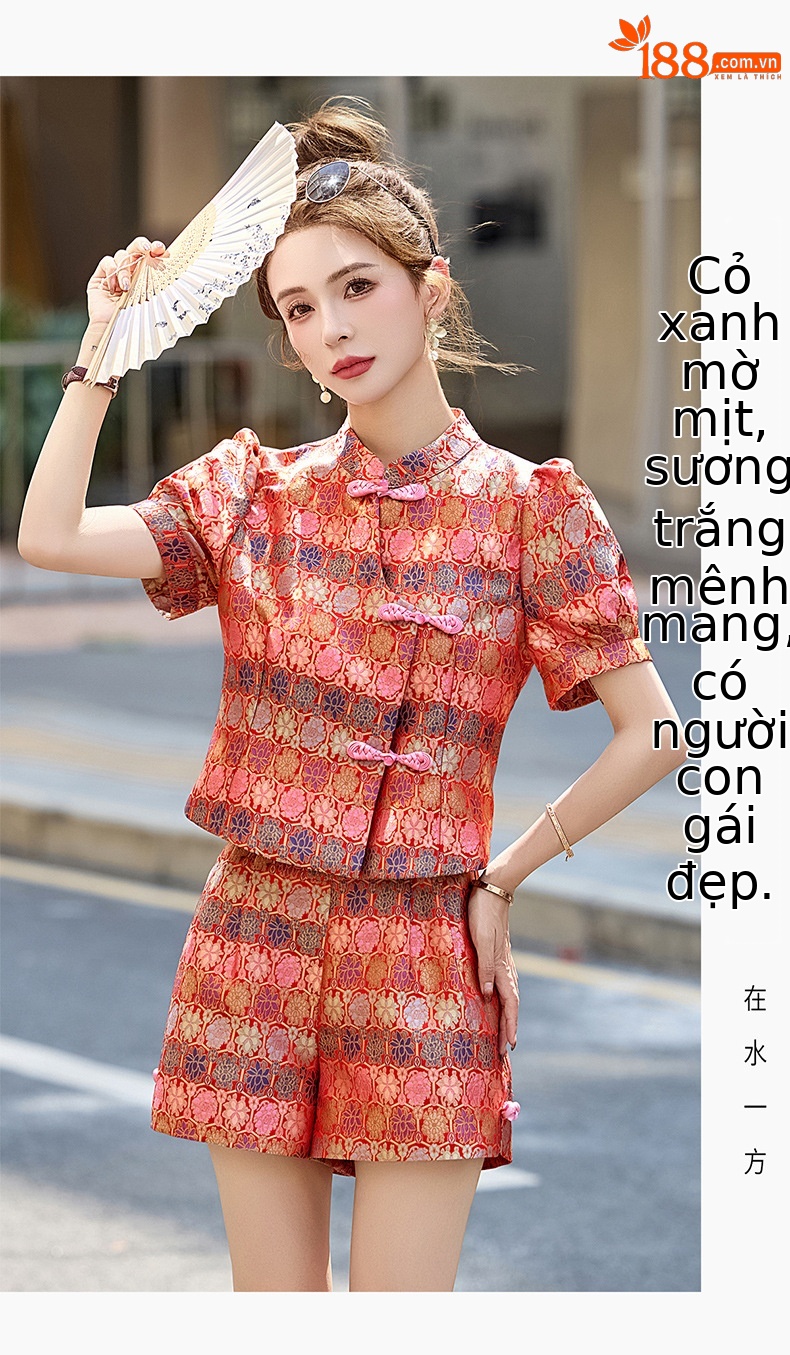 Bộ quần áo nữ mùa hè 2025 áo khoác jacquard quần short hai mảnh phong cách tân cổ điển — Màu xanh lục nhạt, Màu xanh lam, Màu đỏ chi tiết 27