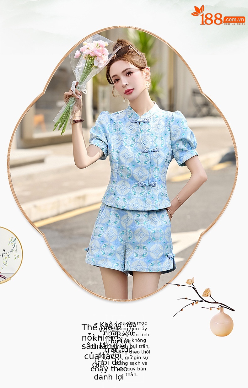 Bộ quần áo nữ mùa hè 2025 áo khoác jacquard quần short hai mảnh phong cách tân cổ điển — Màu xanh lục nhạt, Màu xanh lam, Màu đỏ chi tiết 31