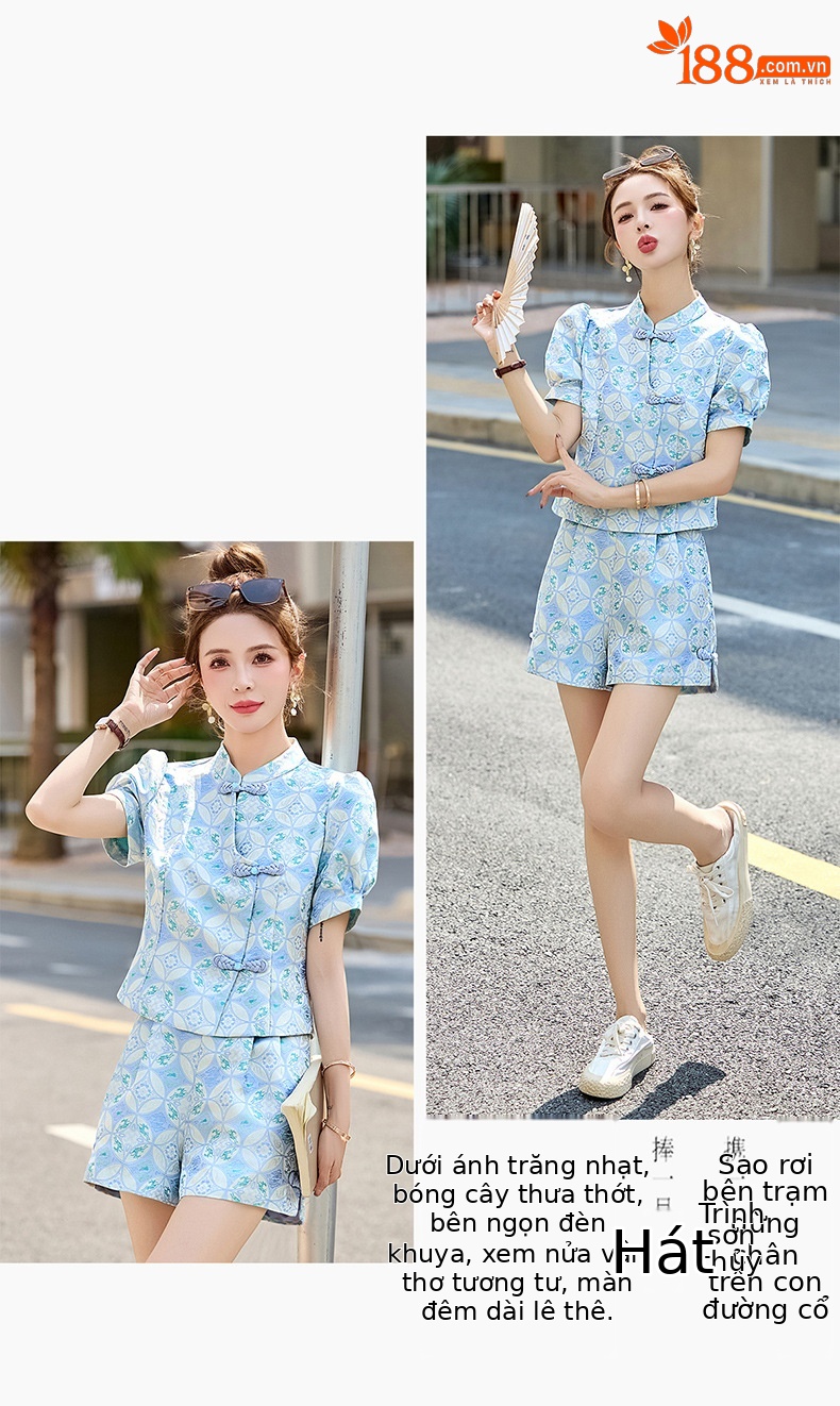 Bộ quần áo nữ mùa hè 2025 áo khoác jacquard quần short hai mảnh phong cách tân cổ điển — Màu xanh lục nhạt, Màu xanh lam, Màu đỏ chi tiết 32