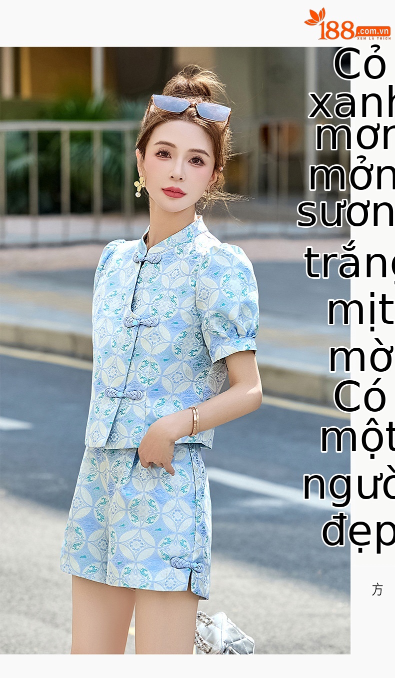 Bộ quần áo nữ mùa hè 2025 áo khoác jacquard quần short hai mảnh phong cách tân cổ điển — Màu xanh lục nhạt, Màu xanh lam, Màu đỏ chi tiết 34