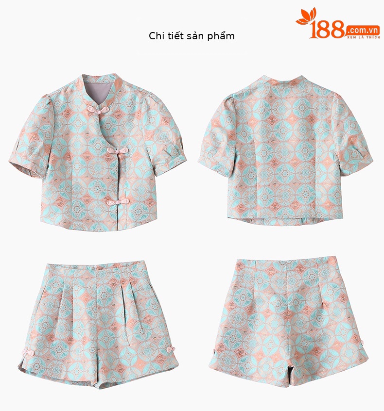 Bộ quần áo nữ mùa hè 2025 áo khoác jacquard quần short hai mảnh phong cách tân cổ điển — Màu xanh lục nhạt, Màu xanh lam, Màu đỏ chi tiết 36