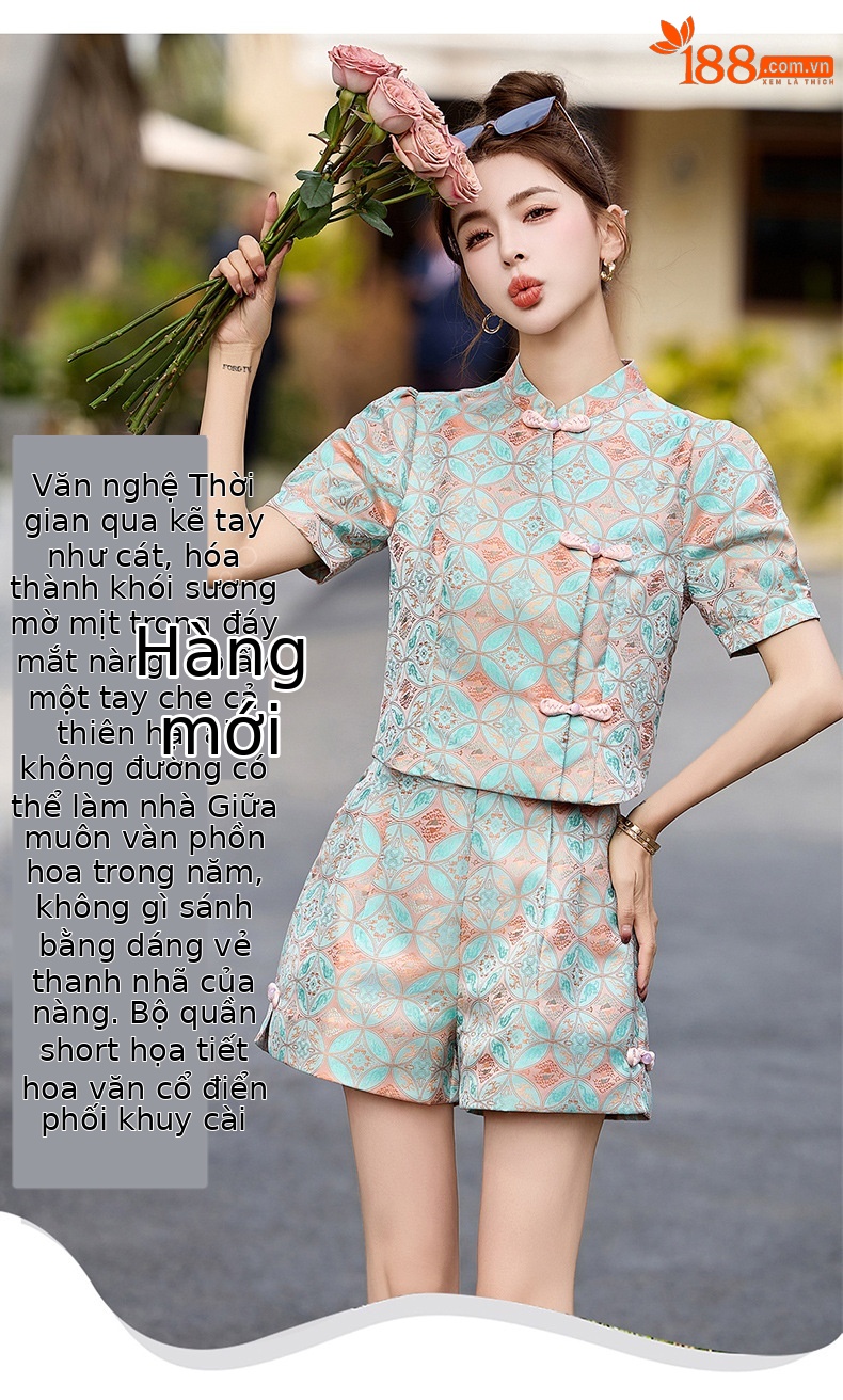 Bộ quần áo nữ mùa hè 2025 áo khoác jacquard quần short hai mảnh phong cách tân cổ điển — Màu xanh lục nhạt, Màu xanh lam, Màu đỏ chi tiết 1