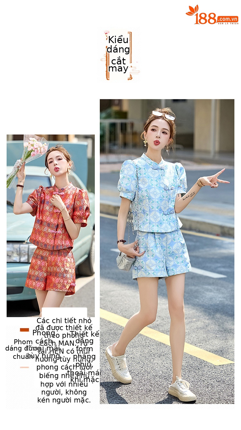Bộ quần áo nữ mùa hè 2025 áo khoác jacquard quần short hai mảnh phong cách tân cổ điển — Màu xanh lục nhạt, Màu xanh lam, Màu đỏ chi tiết 6
