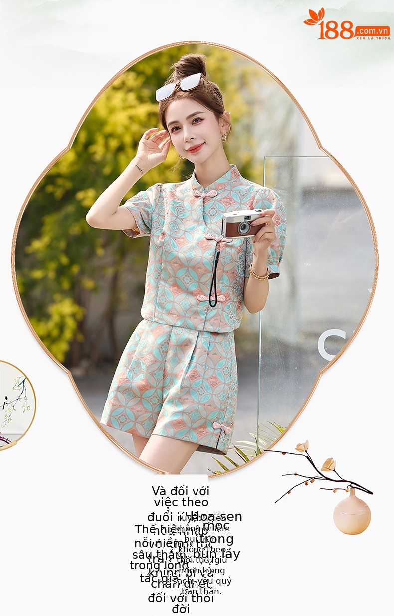 Bộ quần áo nữ mùa hè 2025 áo khoác jacquard quần short hai mảnh phong cách tân cổ điển — Màu xanh lục nhạt, Màu xanh lam, Màu đỏ chi tiết 15