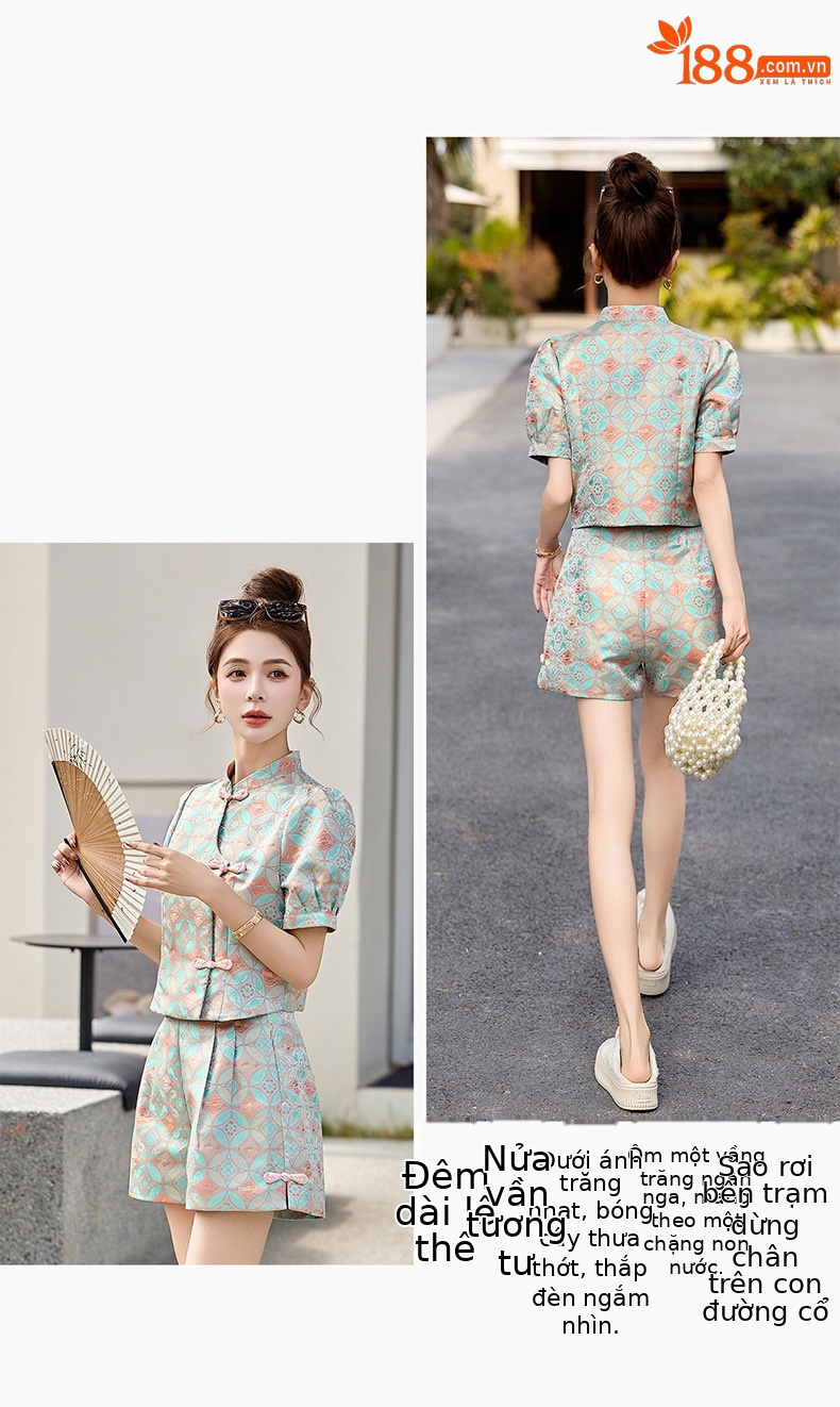 Bộ quần áo nữ mùa hè 2025 áo khoác jacquard quần short hai mảnh phong cách tân cổ điển — Màu xanh lục nhạt, Màu xanh lam, Màu đỏ chi tiết 16