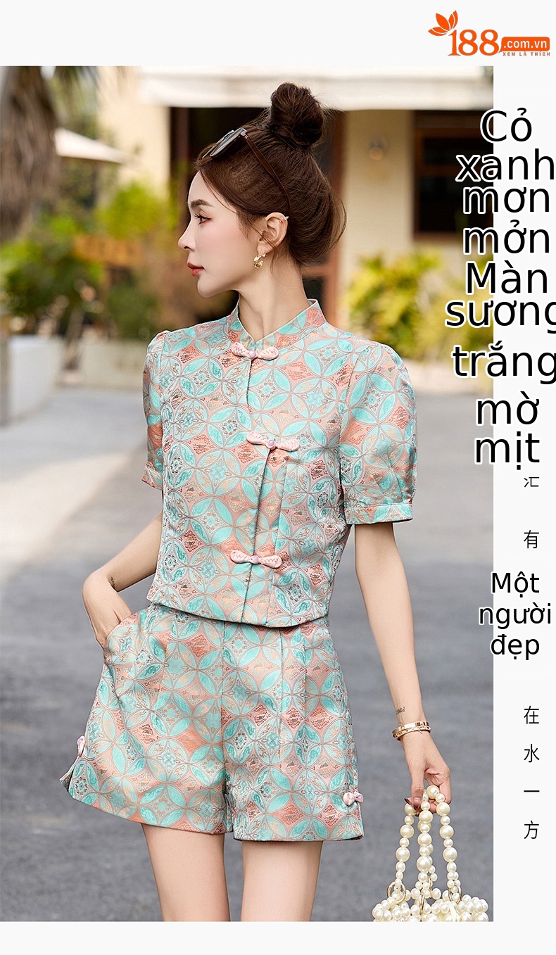 Bộ quần áo nữ mùa hè 2025 áo khoác jacquard quần short hai mảnh phong cách tân cổ điển — Màu xanh lục nhạt, Màu xanh lam, Màu đỏ chi tiết 18
