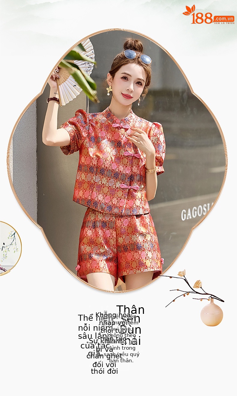 Bộ quần áo nữ mùa hè 2025 áo khoác jacquard quần short hai mảnh phong cách tân cổ điển — Màu xanh lục nhạt, Màu xanh lam, Màu đỏ chi tiết 24