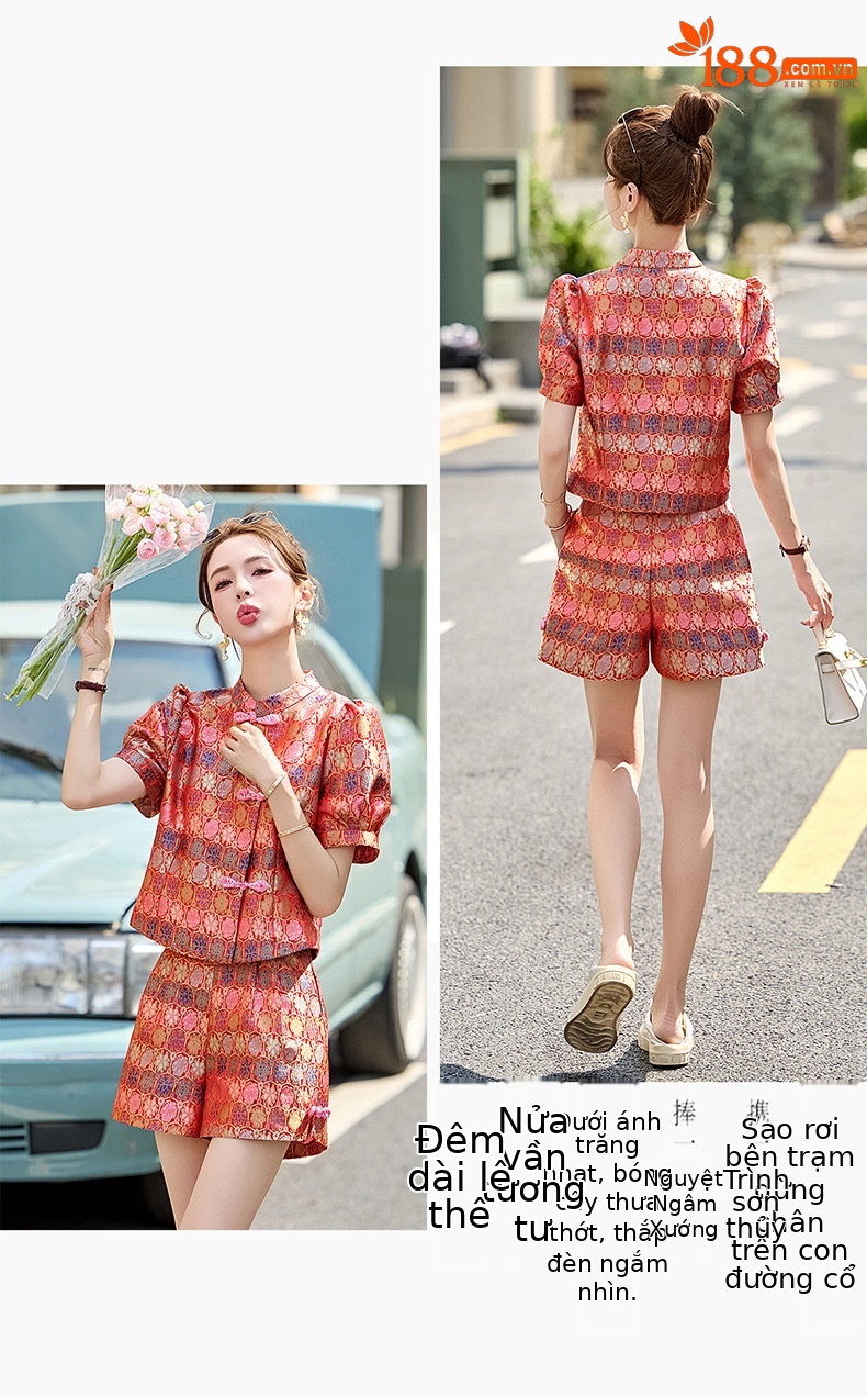 Bộ quần áo nữ mùa hè 2025 áo khoác jacquard quần short hai mảnh phong cách tân cổ điển — Màu xanh lục nhạt, Màu xanh lam, Màu đỏ chi tiết 25