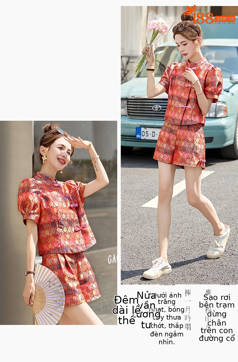 Bộ quần áo nữ mùa hè 2025 áo khoác jacquard quần short hai mảnh phong cách tân cổ điển — Màu xanh lục nhạt, Màu xanh lam, Màu đỏ chi tiết 28