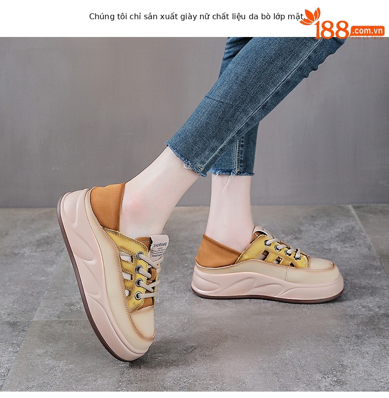 Giày sneaker nữ đế dày da bò thật thoáng khí phối màu mùa hè — Màu vàng chi tiết 2