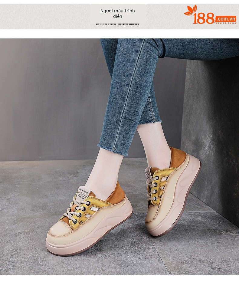 Giày sneaker nữ đế dày da bò thật thoáng khí phối màu mùa hè — Màu vàng chi tiết 9