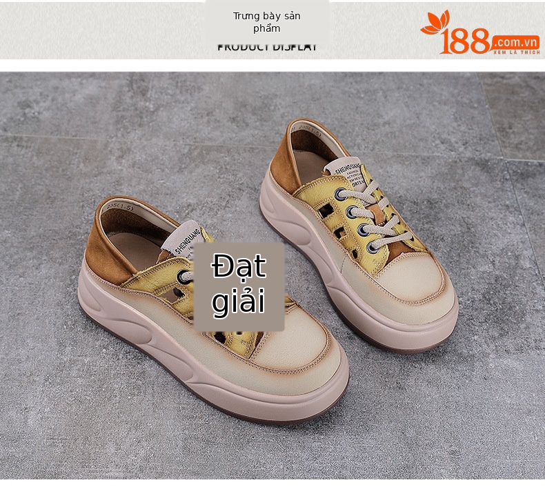 Giày sneaker nữ đế dày da bò thật thoáng khí phối màu mùa hè — Màu vàng chi tiết 10