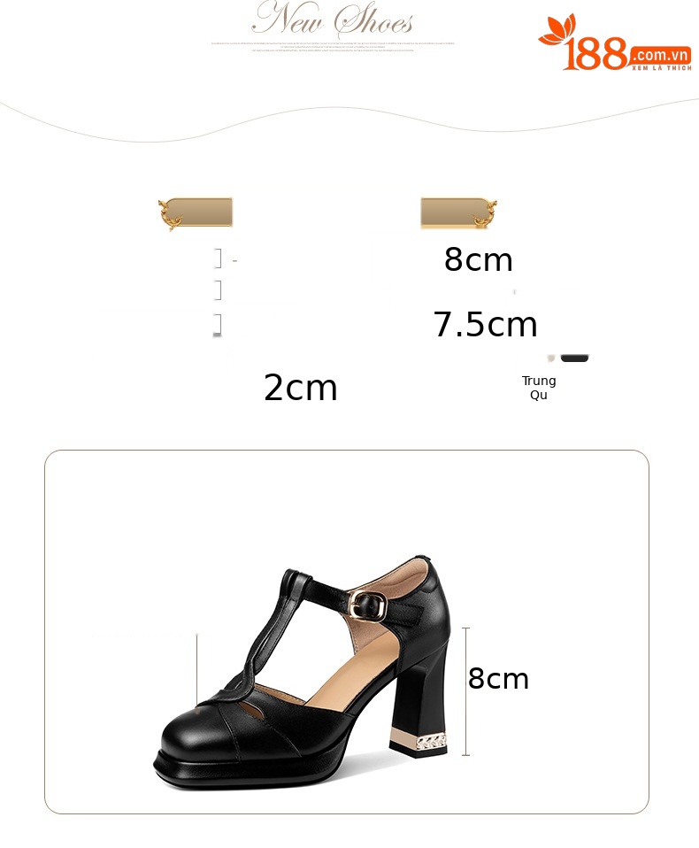Giày sandal cao gót nữ bít mũi khóa chữ T phong cách retro, gót 8 cm — Màu đen chi tiết 2