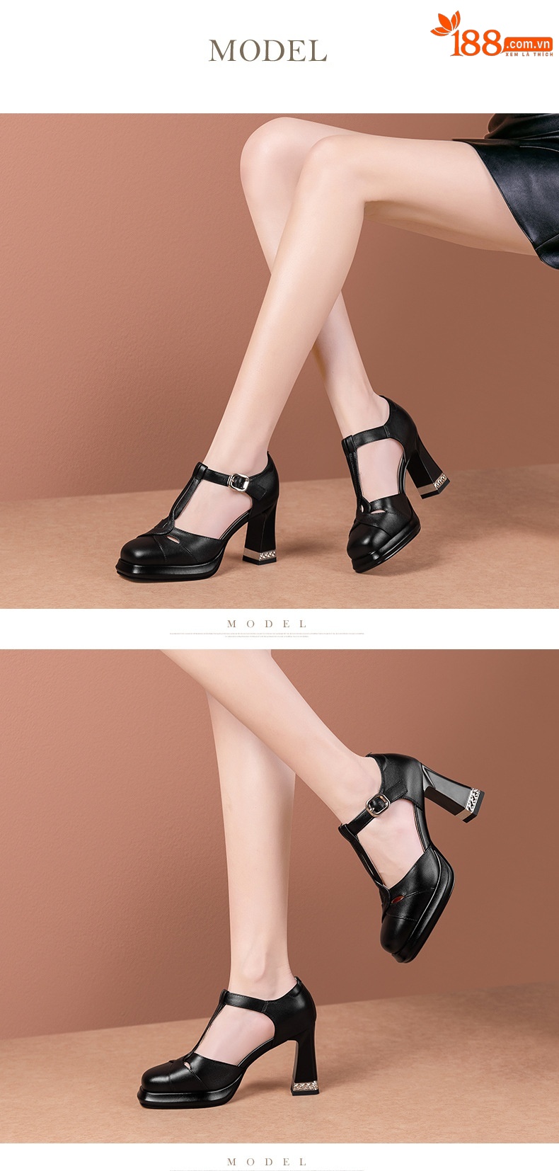 Giày sandal cao gót nữ bít mũi khóa chữ T phong cách retro, gót 8 cm — Màu đen chi tiết 3