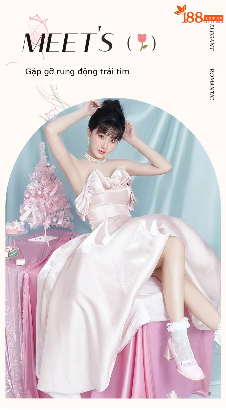 Đầm dạ hội maxi satin thắt eo kiểu Pháp — Màu hồng chi tiết 1