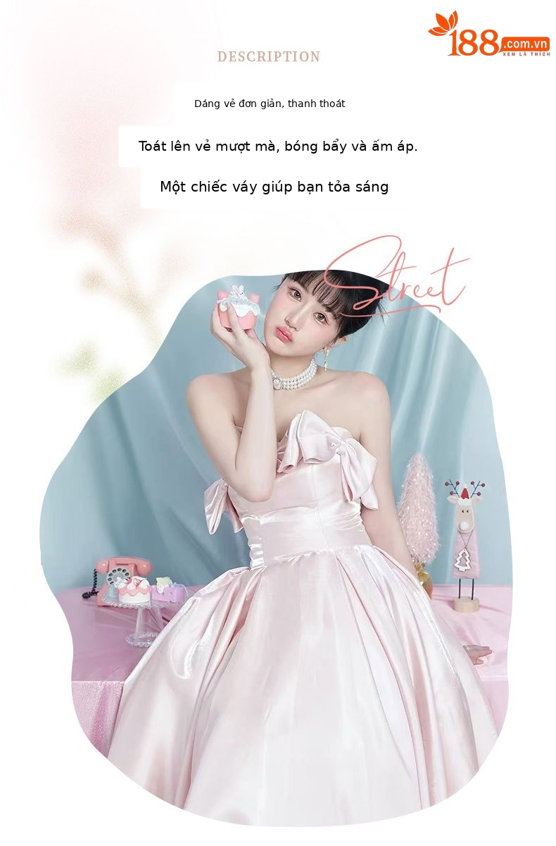 Đầm dạ hội maxi satin thắt eo kiểu Pháp — Màu hồng chi tiết 2