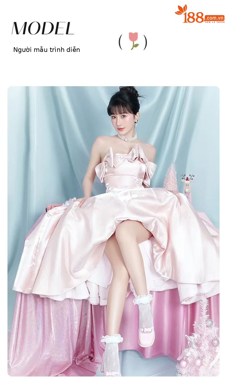 Đầm dạ hội maxi satin thắt eo kiểu Pháp — Màu hồng chi tiết 6