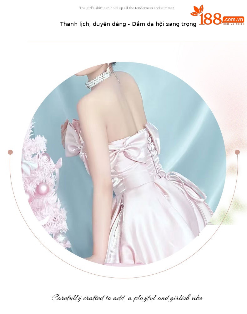 Đầm dạ hội maxi satin thắt eo kiểu Pháp — Màu hồng chi tiết 7