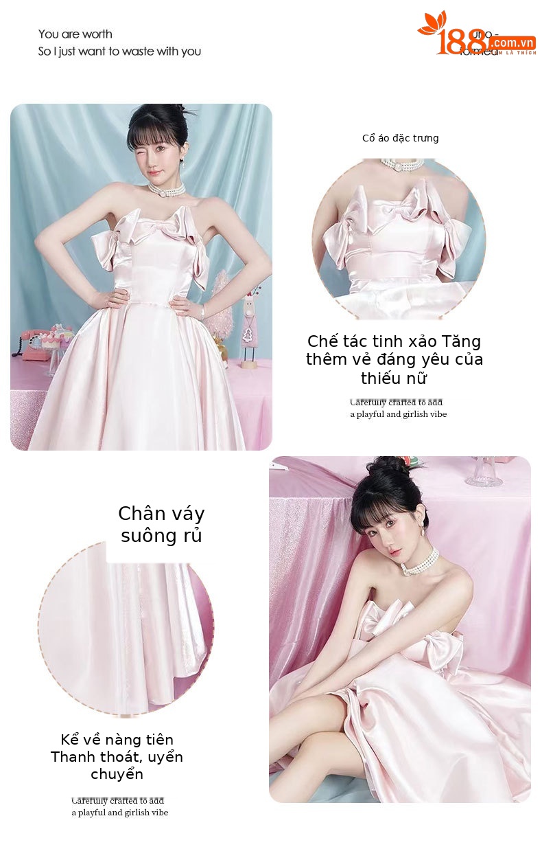 Đầm dạ hội maxi satin thắt eo kiểu Pháp — Màu hồng chi tiết 3