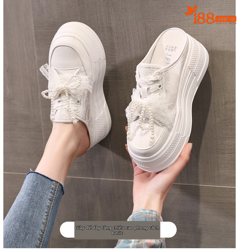 Giày lười nữ đế dày tăng chiều cao mặt lưới xỏ ngón bít mũi trắng thường ngày mùa hè 2025 — Màu be chi tiết 1