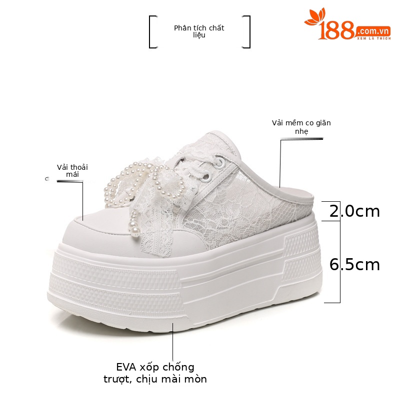Giày lười nữ đế dày tăng chiều cao mặt lưới xỏ ngón bít mũi trắng thường ngày mùa hè 2025 — Màu be chi tiết 2