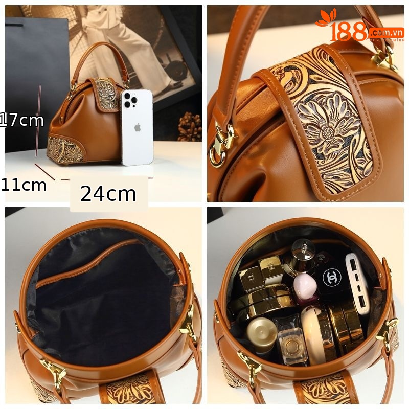 Túi xách nữ da thật kiểu dáng bánh bao, đeo vai/chéo, phong cách vintage — Màu nâu, Màu đỏ rượu, Màu đen