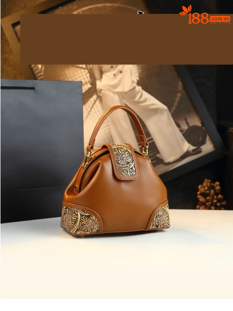 Túi xách nữ da thật kiểu dáng bánh bao, đeo vai/chéo, phong cách vintage — Màu nâu, Màu đỏ rượu, Màu đen chi tiết 1