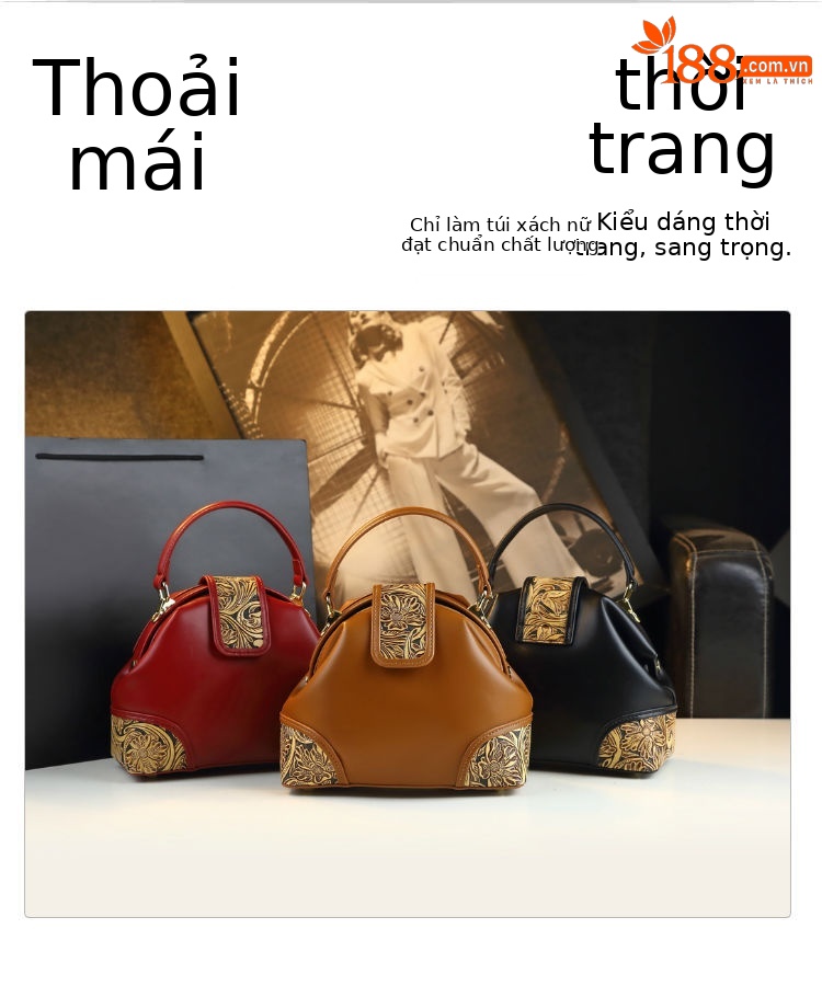 Túi xách nữ da thật kiểu dáng bánh bao, đeo vai/chéo, phong cách vintage — Màu nâu, Màu đỏ rượu, Màu đen chi tiết 4