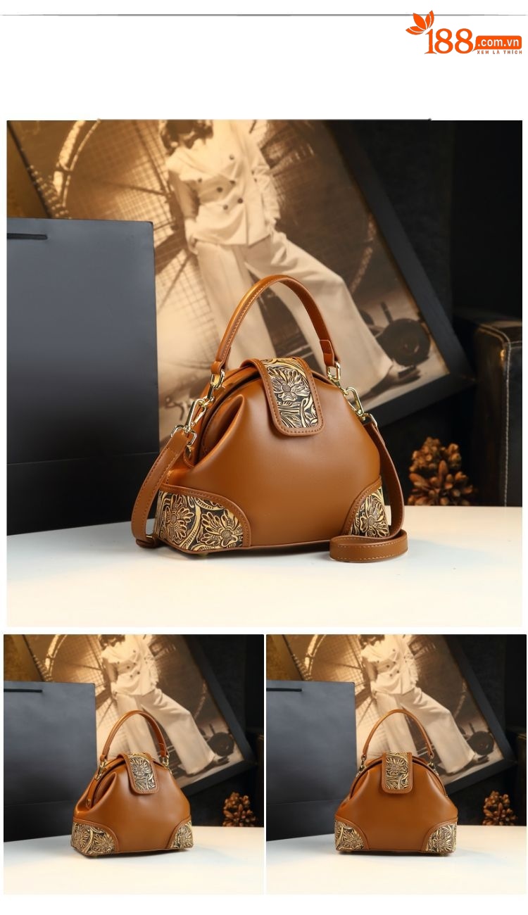 Túi xách nữ da thật kiểu dáng bánh bao, đeo vai/chéo, phong cách vintage — Màu nâu, Màu đỏ rượu, Màu đen chi tiết 14