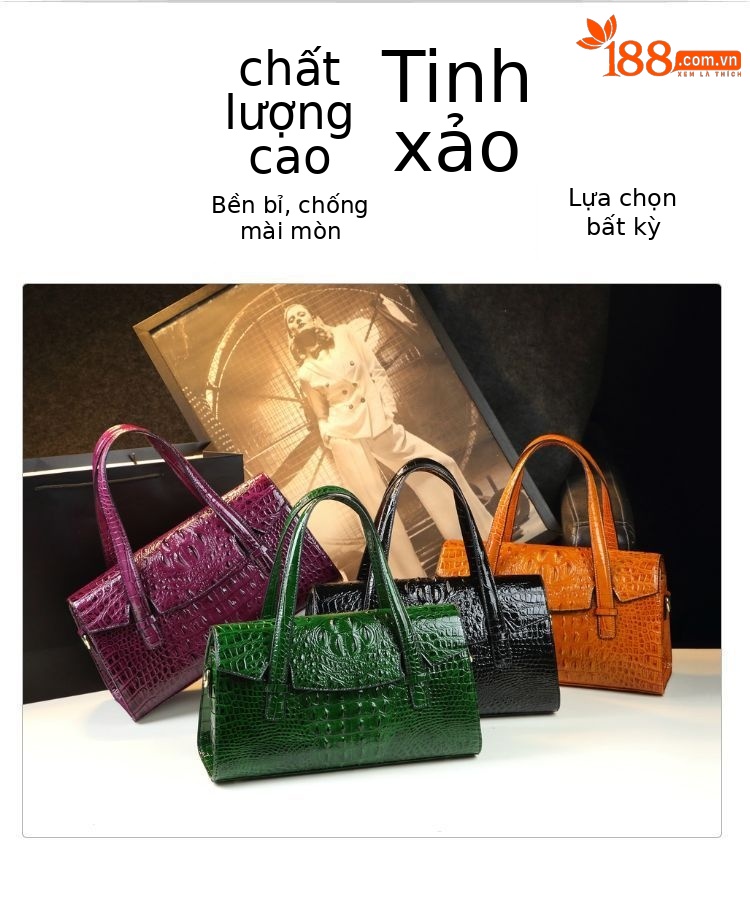 Túi xách tay da thật vân cá sấu phong cách đơn giản sang trọng cho mẹ trung niên — Màu đen, Màu tím, Màu cam, Màu xanh đậm chi tiết 4