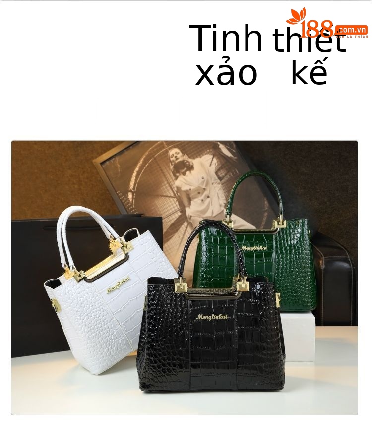 Túi xách tay da cá sấu cao cấp phong cách sang trọng cho nữ trung niên — Màu đen, Màu xanh lục đậm, Màu trắng chi tiết 4
