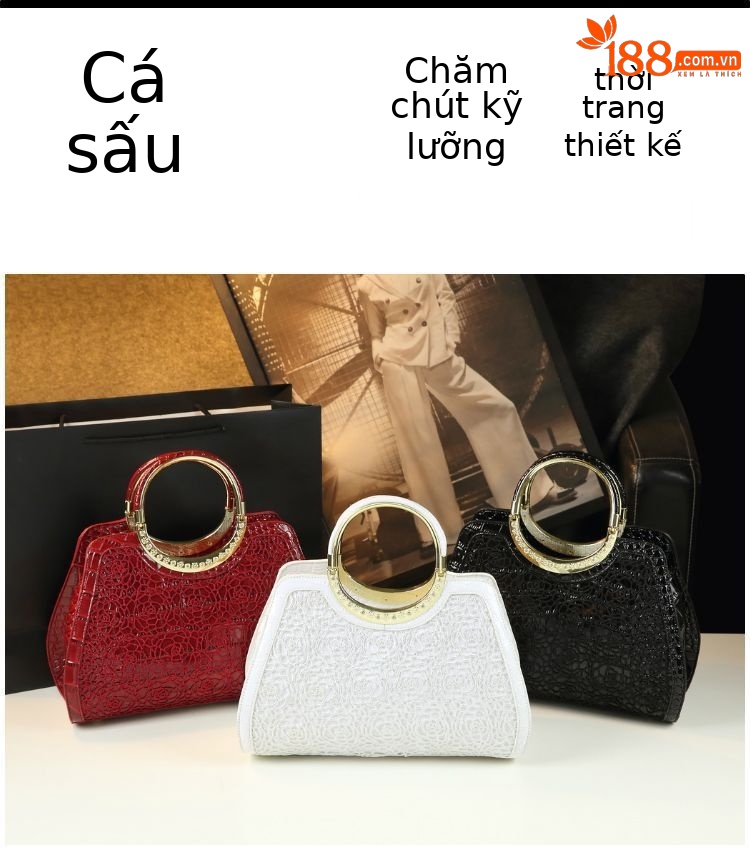 Túi xách tay da thật vân cá sấu đeo vai đeo chéo thời trang — Màu đỏ rượu, Màu trắng, Màu đen chi tiết 6