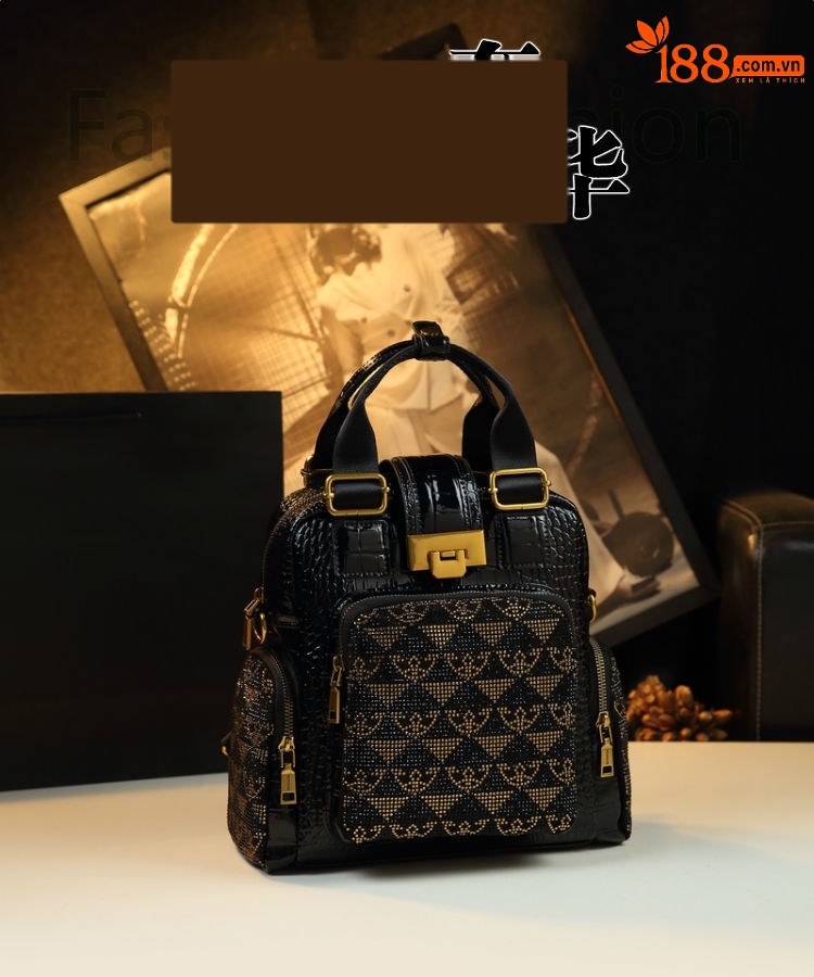 Ba lô nữ da vân cá sấu đính đá đeo chéo đa năng — Màu đen chi tiết 1