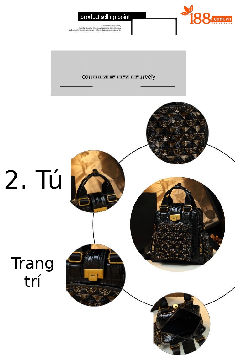 Ba lô nữ da vân cá sấu đính đá đeo chéo đa năng — Màu đen chi tiết 2