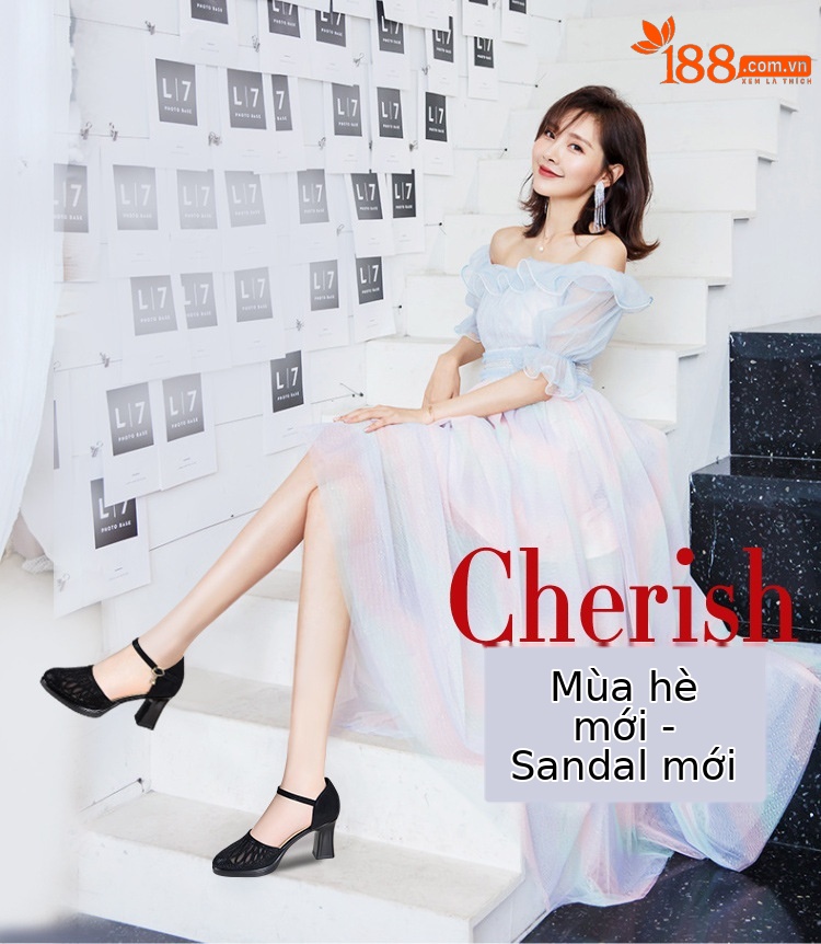 Sandal cao gót nữ đính đá lỗ mũi kín gót dày 5-7cm — Vàng 5cm, Đen 5cm, Vàng 7cm, Đen 7cm chi tiết 1