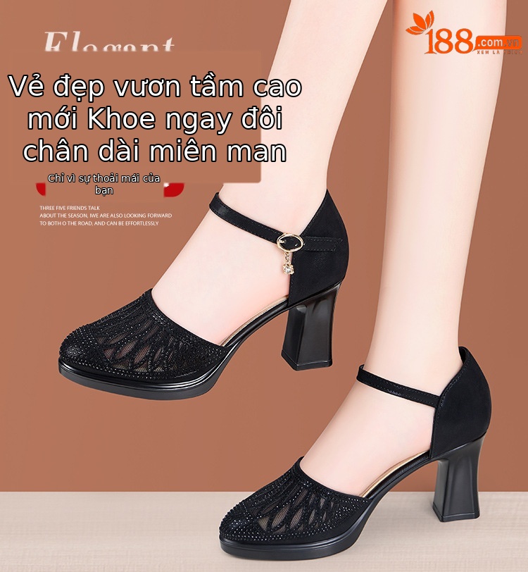 Sandal cao gót nữ đính đá lỗ mũi kín gót dày 5-7cm — Vàng 5cm, Đen 5cm, Vàng 7cm, Đen 7cm chi tiết 3