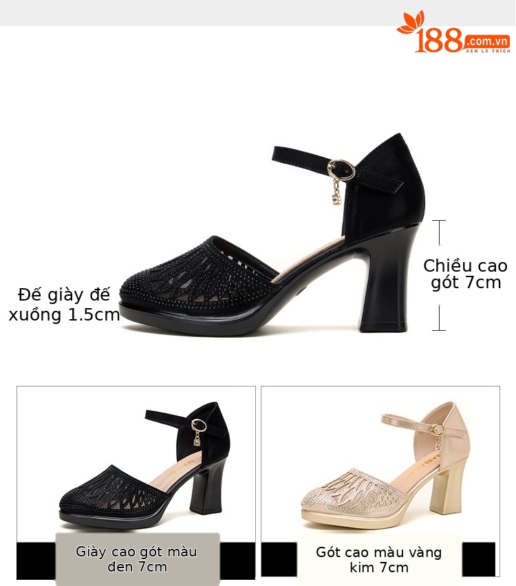 Sandal cao gót nữ đính đá lỗ mũi kín gót dày 5-7cm — Vàng 5cm, Đen 5cm, Vàng 7cm, Đen 7cm chi tiết 5