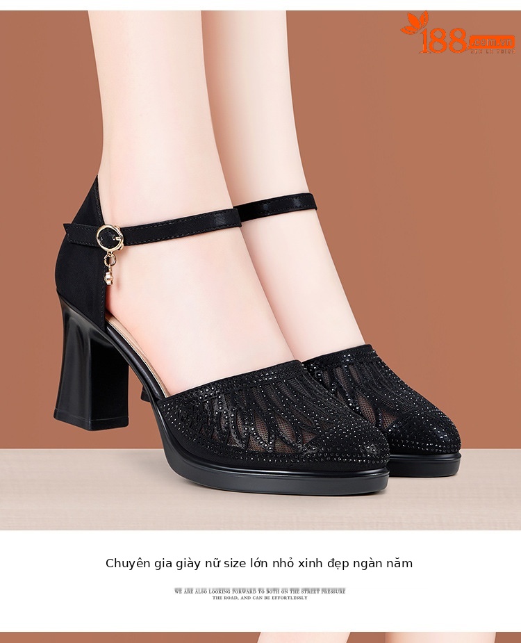 Sandal cao gót nữ đính đá lỗ mũi kín gót dày 5-7cm — Vàng 5cm, Đen 5cm, Vàng 7cm, Đen 7cm chi tiết 12